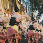 Awa-odori dance during the Kagurazaka Matsuri (summer festival). Participants form a procession to perform a graceful traditional Japanese dance that originated in Tokushi